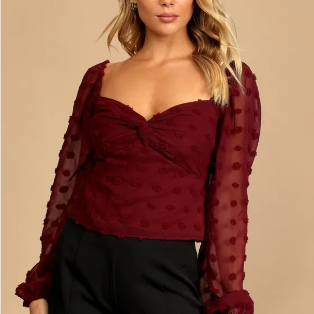 Flawless Style Burgundy Swiss Dot Long Sleeve Top XL